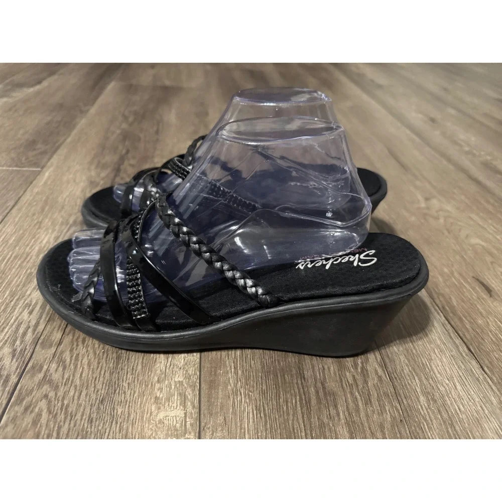 Skechers Memory Foam Black Wedge Sandals‎ Strappy Braided Size 11 Women's
